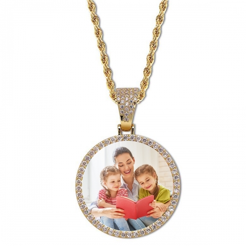 Round Gold Photo Pendant with Rope Chain