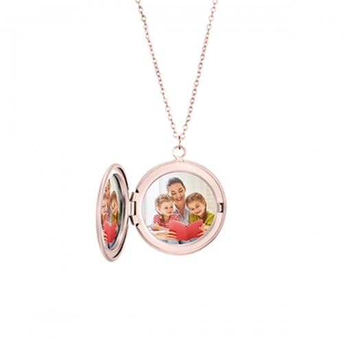 Personalized Round Photo Locket Necklace Rose Gold 